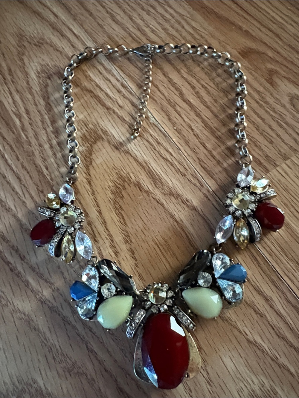 VINTAGE MULTICOLORED RHINESTONES GLASS STONE ANTIQUE GOLD-TONE 16-19" NECKLACE